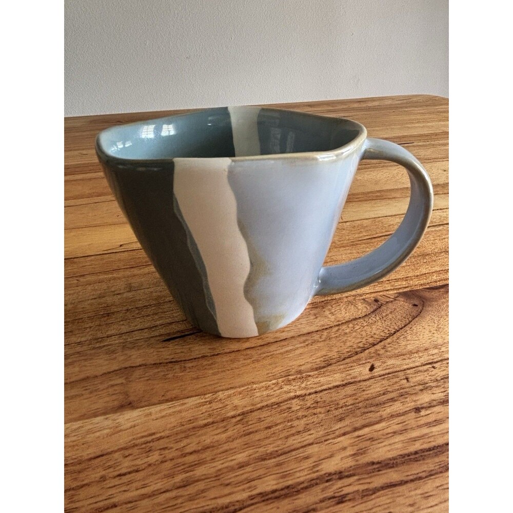 Anthropologie ROMY Earthenware Coffee Tea Mug 14 oz Lt Blue Gray White  Handmade